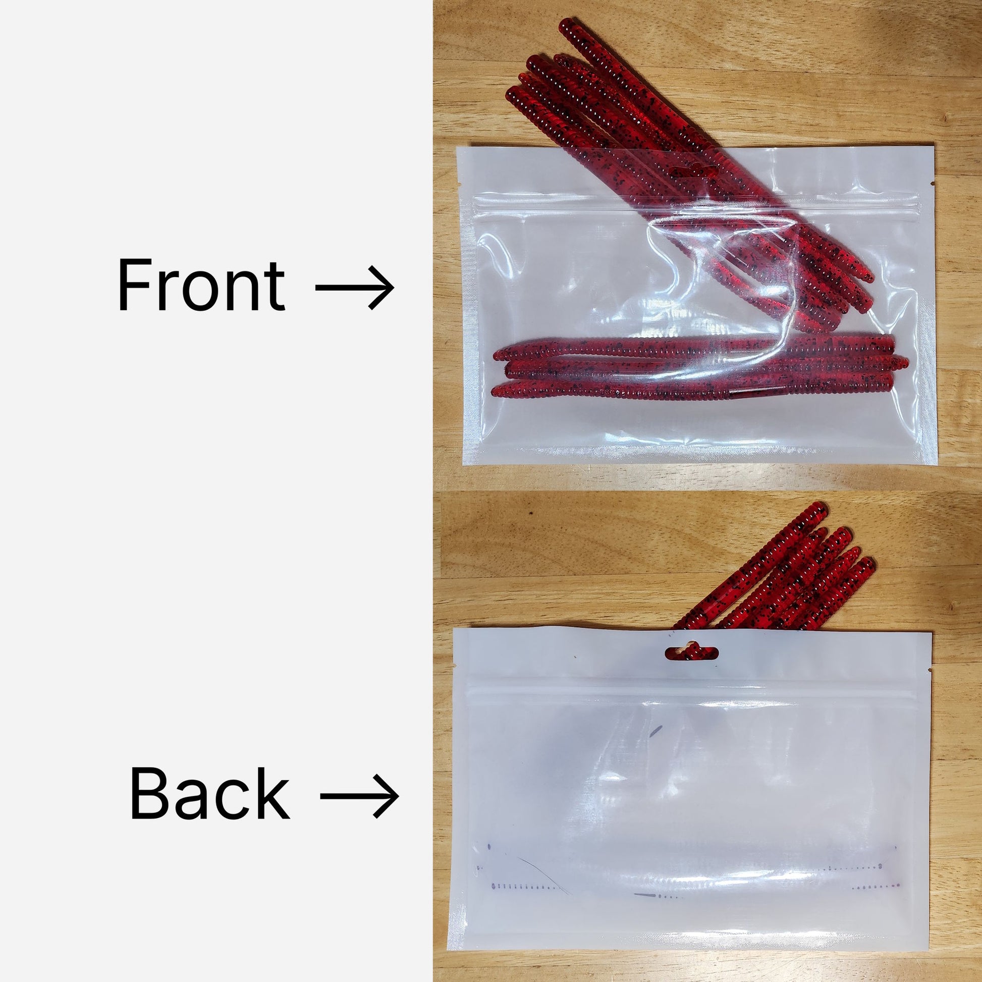 Front and back view of clear and white laminated worm bags.